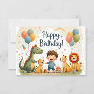 Cartão de Aniversário Fofo com Animais e Menino