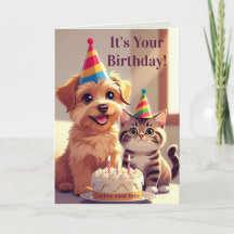 Cartão de Aniversário Fofo de Cachorro & Gato