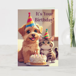 Cartão de Aniversário Fofo de Cachorro & Gato