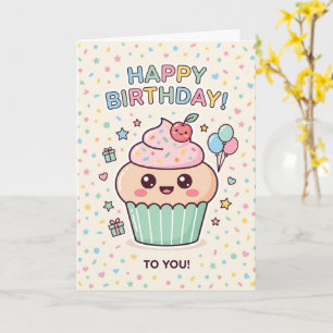 Cartão de Aniversário Fofo Kawaii Cupcake para Cri