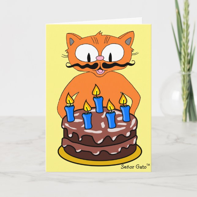 Cartão de Aniversário Gato de Desenho Bigode Piada (Frente)
