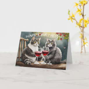 Cartão de Aniversário Gatos Bebendo Vinho!