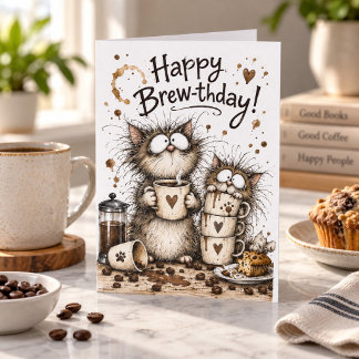 Cartão de Aniversário Gatos e Café Feliz Dia de Ch