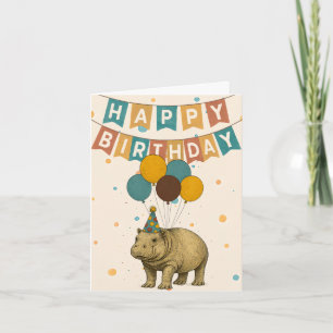 Cartão de Aniversário Hippo - Animal Bonito com Ba
