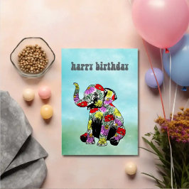 Cartão de Aniversário Ilustrado — Elefante Floral
