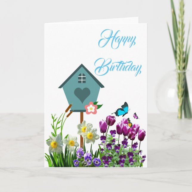 Cartão de Aniversário Jardim de Flores Borboleta (Frente)