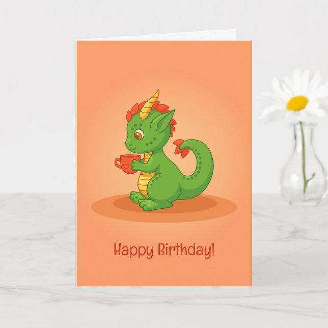 Cartão de aniversário laranja com adorável dragão  (Planta pequena)
