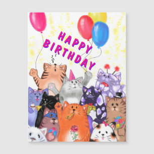 Cartão de Aniversário Magnético com Festa de Gatos