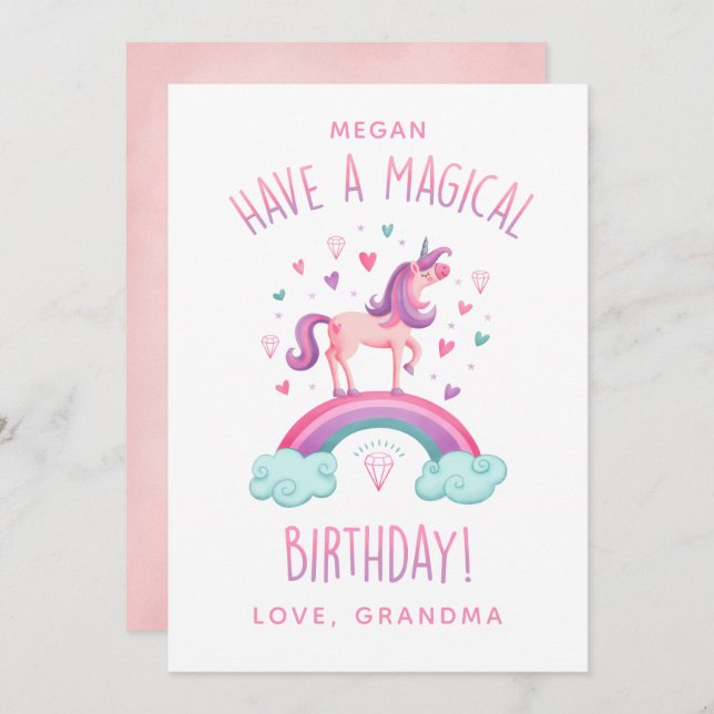 Cartão de Aniversário Magnético Rainbow Unicorn Gi (Frente/Verso)