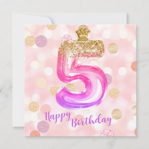 Cartão de Aniversário Menina 5 Anos Dourado Rosa R