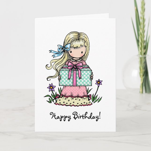 Cartão de Aniversário Menina com Presente (Frente)