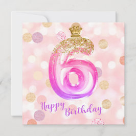 Cartão de Aniversário Menina de 6 Anos Rosa Dourad