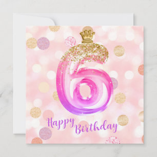 Cartão de Aniversário Menina de 6 Anos Rosa Dourad