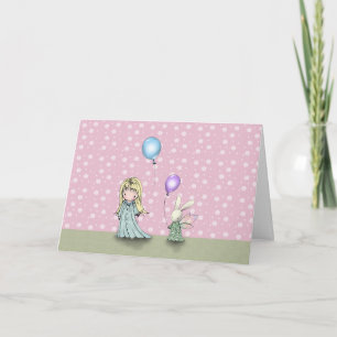 Cartão de Aniversário Menina e Coelho com Balões
