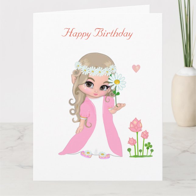 Cartão de Aniversário Menina Fada Fofa com Flor (Frente)