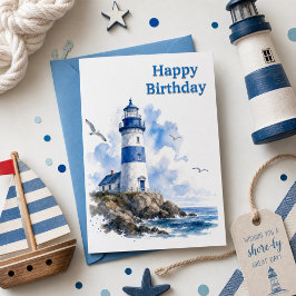 Cartão de Aniversário Náutico Aquarela Farol