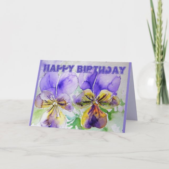 Cartão de Aniversário Pansy Viola Watercolor (Frente)