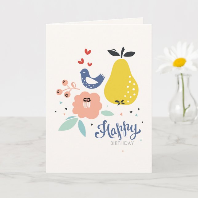 Cartão de Aniversário para Aves e Pear (Planta pequena)