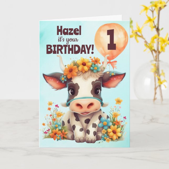 Cartão de Aniversário para Crianças de Vaca Bonita (Flor Amarela)