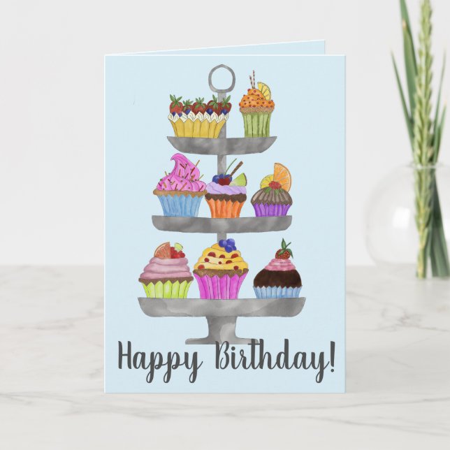 Cartão de Aniversário para cupcakes de Aquarela (Frente)