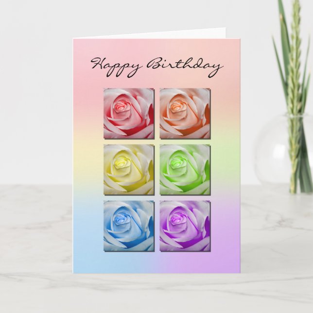 Cartão de Aniversário para Rosas Macro Rainbow (Frente)