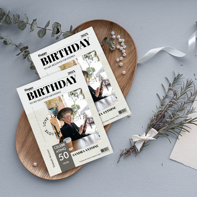 Cartão de aniversário personalizado com capa de re (Custom Happy Birthday Photo Magazine Cover Card)