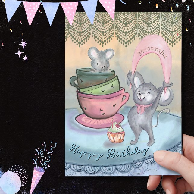 Cartão de Aniversário Personalizado do Ensino de R (Funny Mice in Teacup Persnalized Birthday Card)