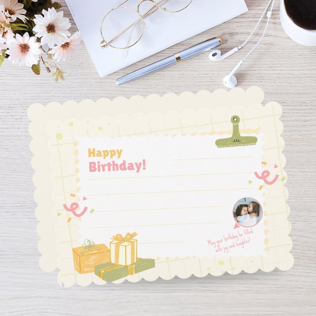 Cartão de Aniversário Personalizado para Crianças  (Custom Kids Birthday Card - Pastel Photo Note)
