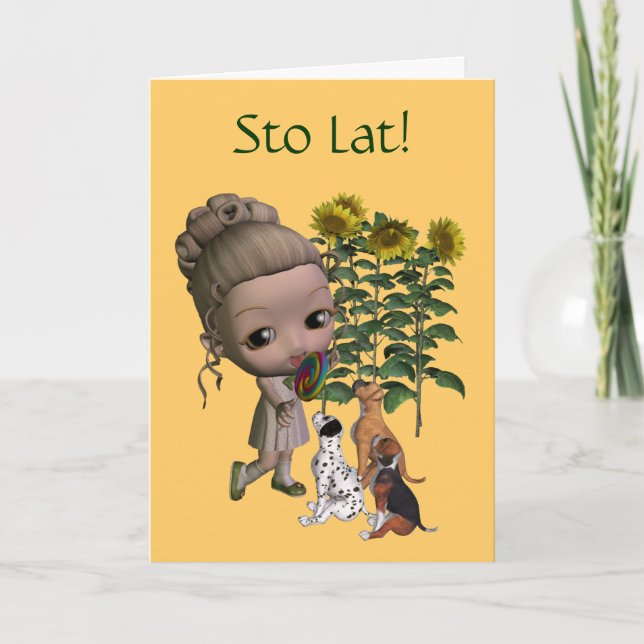 Cartão De Aniversário Polonês Sto Lat Girl And Pup (Frente)