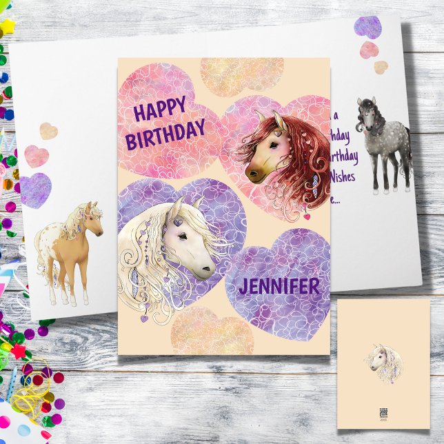 Cartão de Aniversário Púrpura Rosa Púrpura dos Pôs (Boho Ponies Birthday Card with Name)