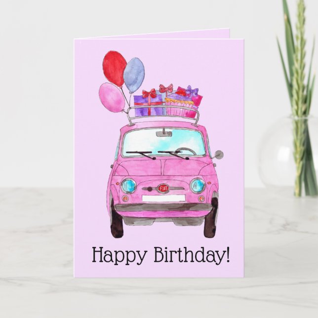 Cartão de Aniversário Retro Cor-de-Rosa Fiat 500 (Frente)
