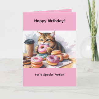 Cartão de aniversário rosa de gato fofo comendo do