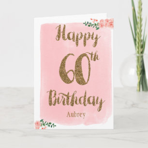 Cartão de aniversário rosa e Dourado Feliz 60º