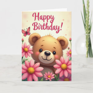 Cartão de Aniversário Rosa Floral Amigo Fofinho
