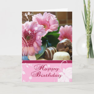 Cartão de Aniversário Rosa Floral e Chocolate - 