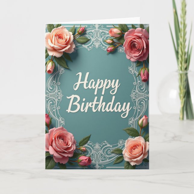 Cartão de Aniversário Rosa Turquesa (Frente)