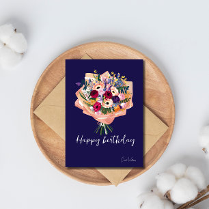 Cartão de Aniversário Roxo Lindo com Flores da Wat