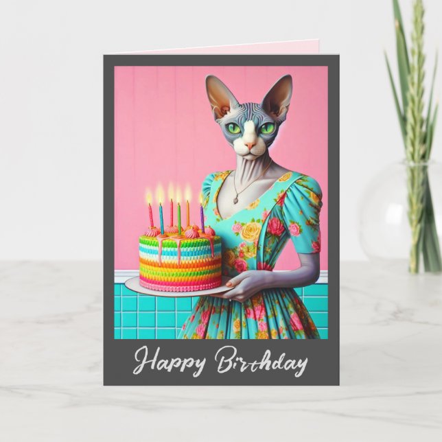 Cartão de Aniversário | Sphynx Cat Lady with Birth (Frente)