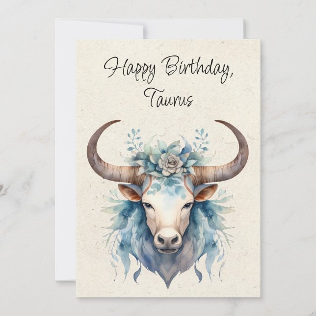 Cartão de Aniversário Taurus Bull Zodac Watercolor (Frente)