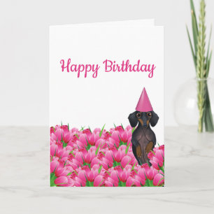 Cartão de Aniversário Tulip Dachshund Rosa