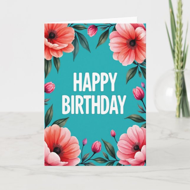 Cartão de Aniversário Turquesa em Flor (Frente)