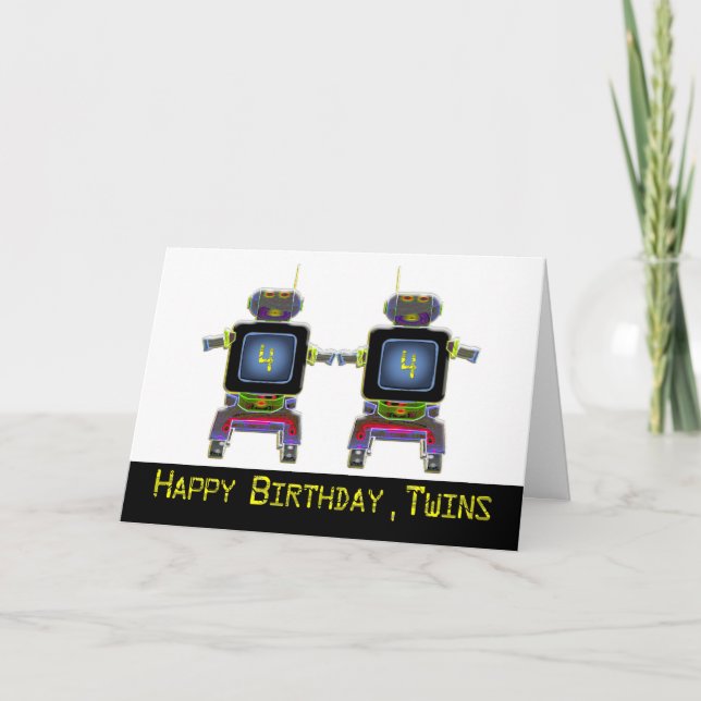 Cartão de aniversário Twin Robot, de 4 anos (Frente)