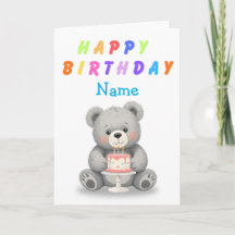 Cartão de Aniversário Urso de Pelúcia com Bolo