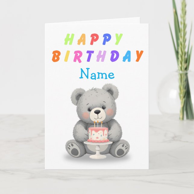 Cartão de Aniversário Urso de Pelúcia com Bolo (Frente)