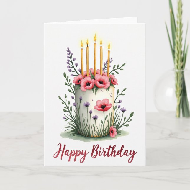 Cartão de Aniversário Velas Flores Rosas (Frente)