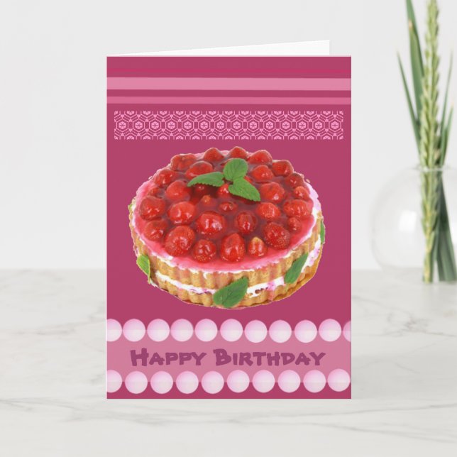Cartão de aniversário vermelho do bolo da morango (Frente)