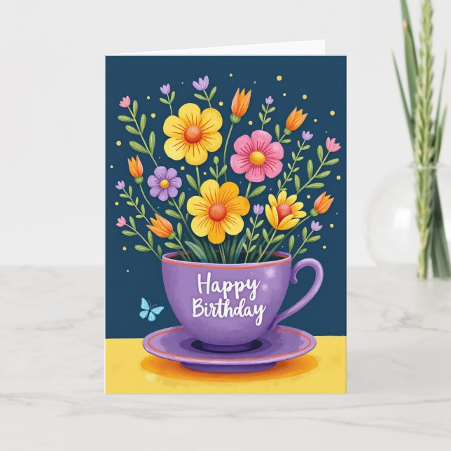 Cartão de Aniversário Xícara Violeta (Frente)