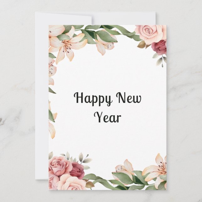 Cartão de ano liso, floral, de cor aquosa (Frente)