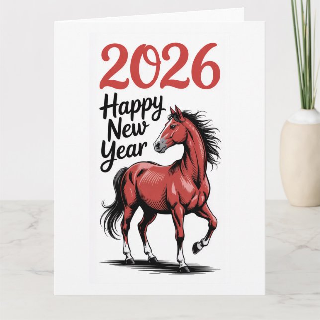 Cartão de Ano Novo 2026 Cavalo Vermelho Ilustração (Frente)