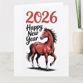 Cartão de Ano Novo 2026 Cavalo Vermelho Ilustração